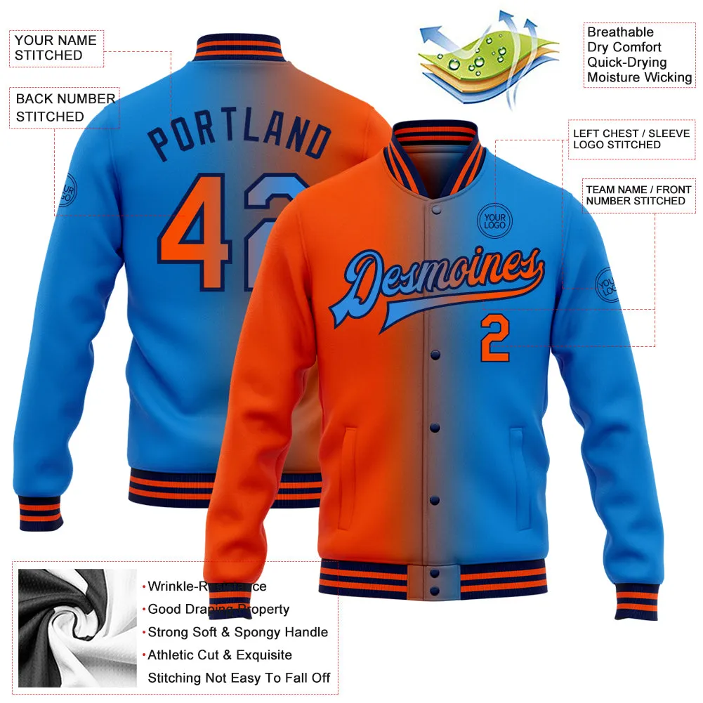 Custom Powder Blue Orange-Navy Bomber Full-Snap Varsity Letterman Gradient Fashion Jacket