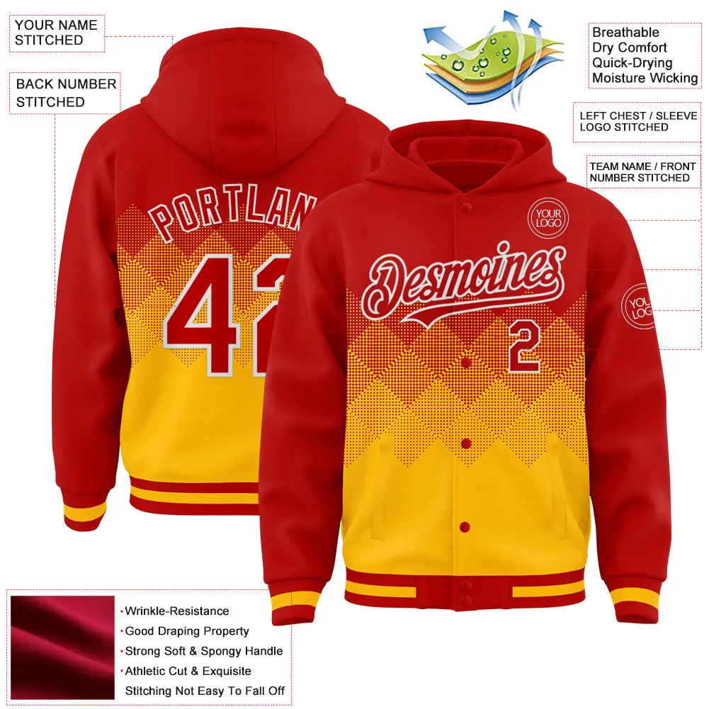 Custom Red Gold-White Gradient Square Shape 3D Pattern Design Bomber Full-Snap Varsity Letterman Hoodie Jacket