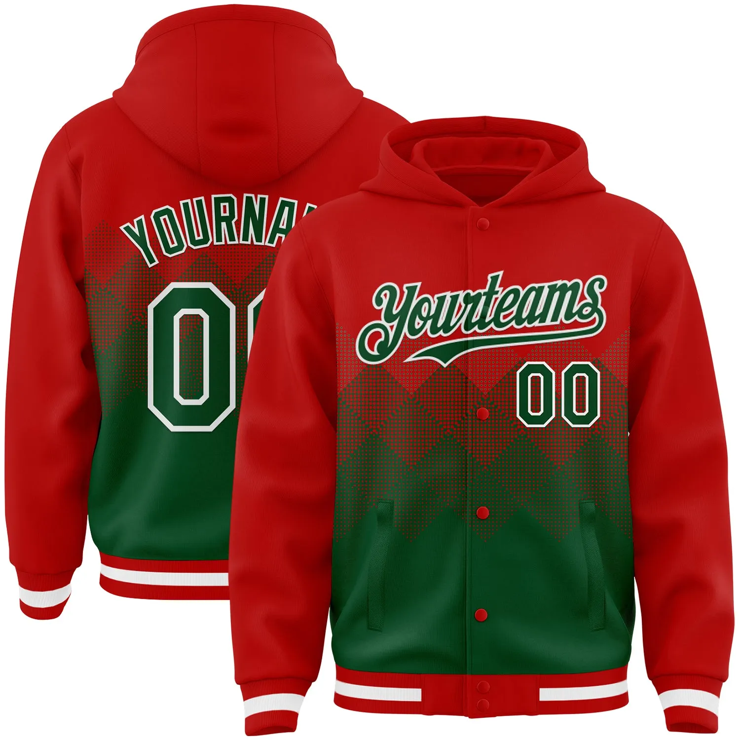 Custom Red Green-White Gradient Square Shape 3D Pattern Design Bomber Full-Snap Varsity Letterman Hoodie Jacket