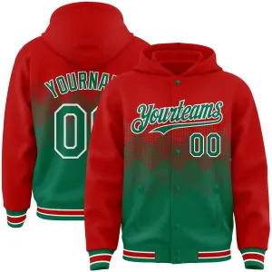 Custom Red Kelly Green-White Gradient Square Shape 3D Pattern Design Bomber Full-Snap Varsity Letterman Hoodie Jacket