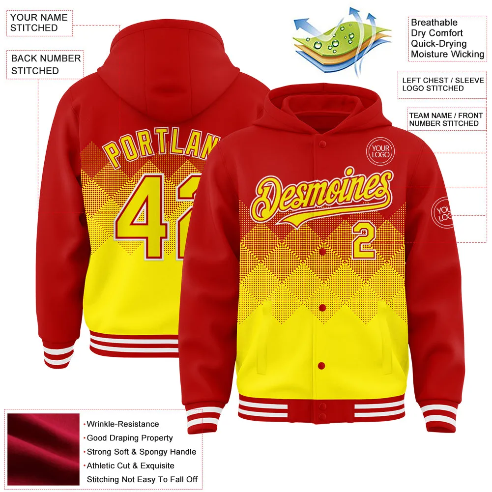 Custom Red Light Yellow-White Gradient Square Shape 3D Pattern Design Bomber Full-Snap Varsity Letterman Hoodie Jacket