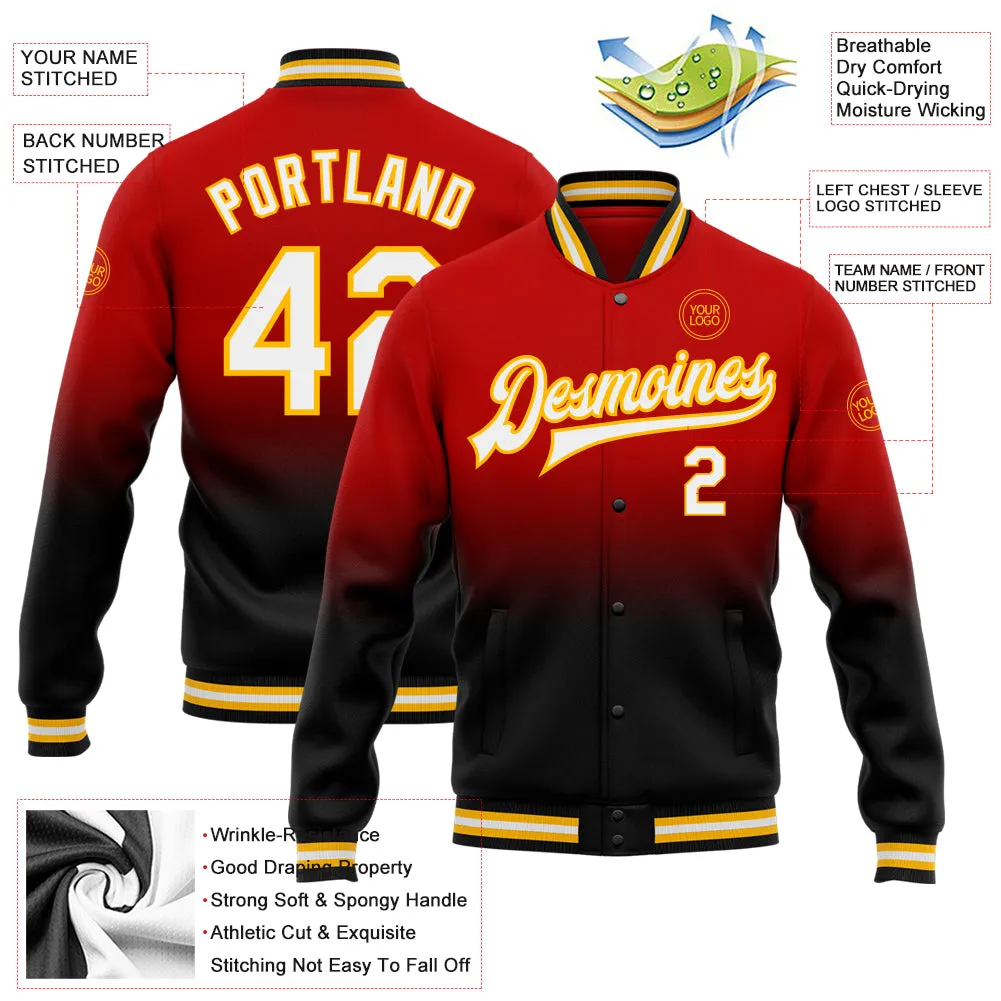 Custom Red White Black-Gold Bomber Full-Snap Varsity Letterman Fade Fashion Jacket