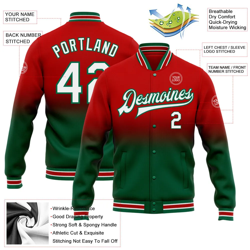 Custom Red White-Kelly Green Bomber Full-Snap Varsity Letterman Fade Fashion Jacket