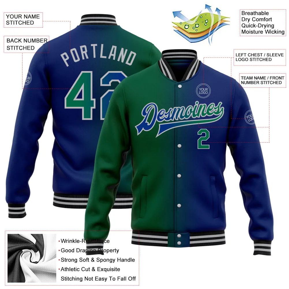 Custom Royal Kelly Green-Gray Bomber Full-Snap Varsity Letterman Gradient Fashion Jacket