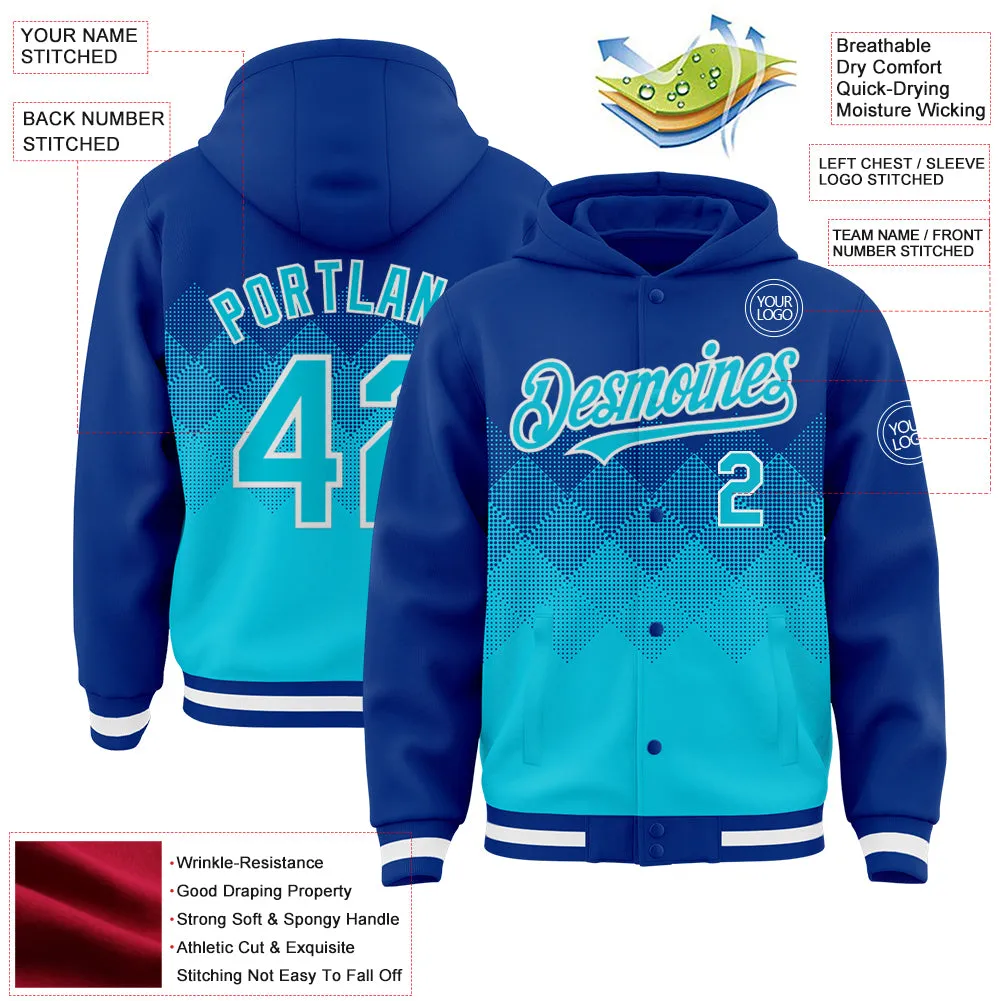 Custom Royal Lakes Blue-White Gradient Square Shape 3D Pattern Design Bomber Full-Snap Varsity Letterman Hoodie Jacket