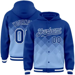 Custom Royal Light Blue-White Gradient Square Shape 3D Pattern Design Bomber Full-Snap Varsity Letterman Hoodie Jacket