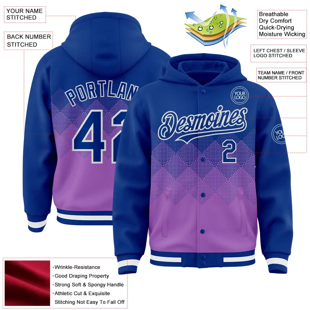 Custom Royal Medium Purple-White Gradient Square Shape 3D Pattern Design Bomber Full-Snap Varsity Letterman Hoodie Jacket