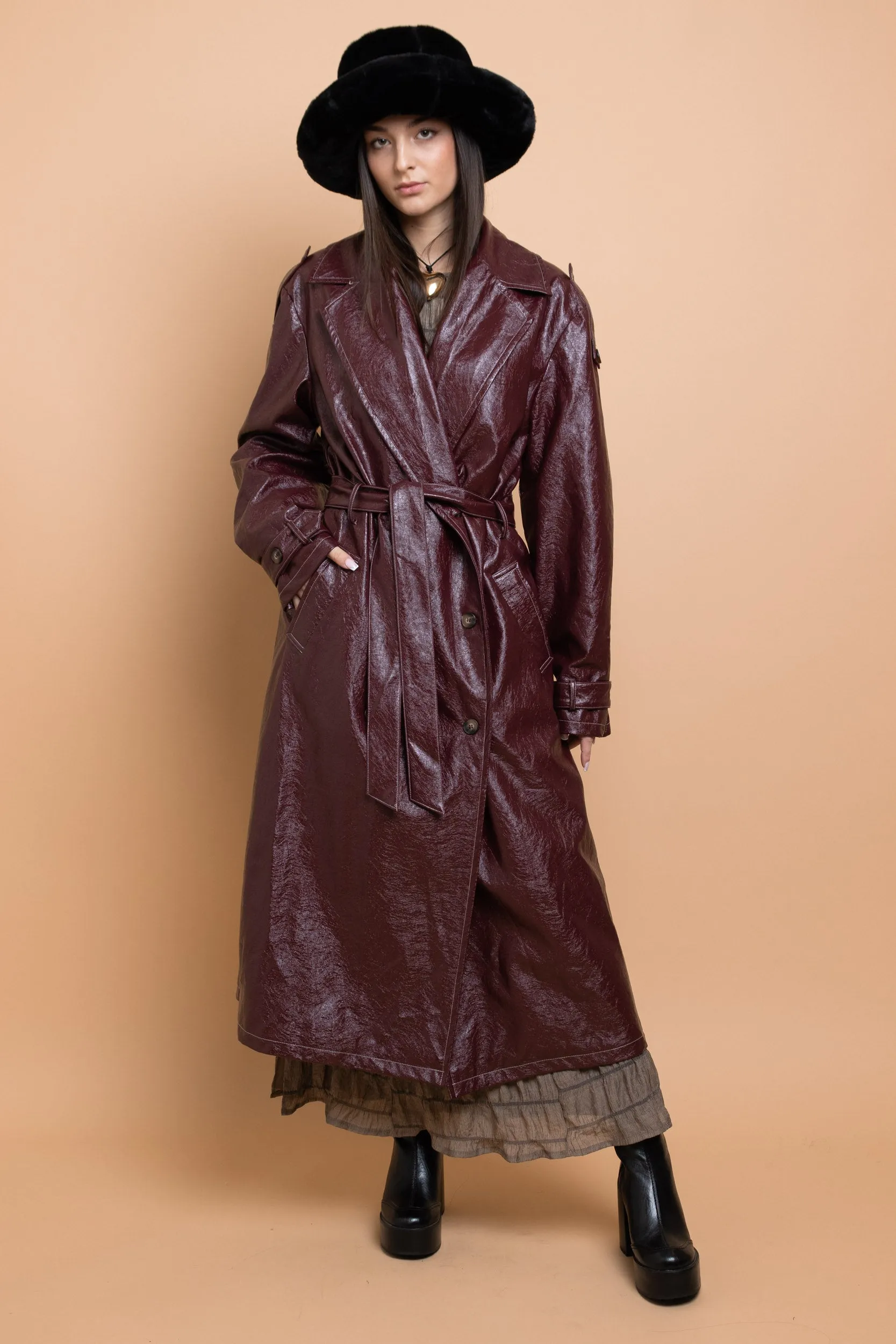 Daisy Street PU Trench Coat With Shoulder Detail