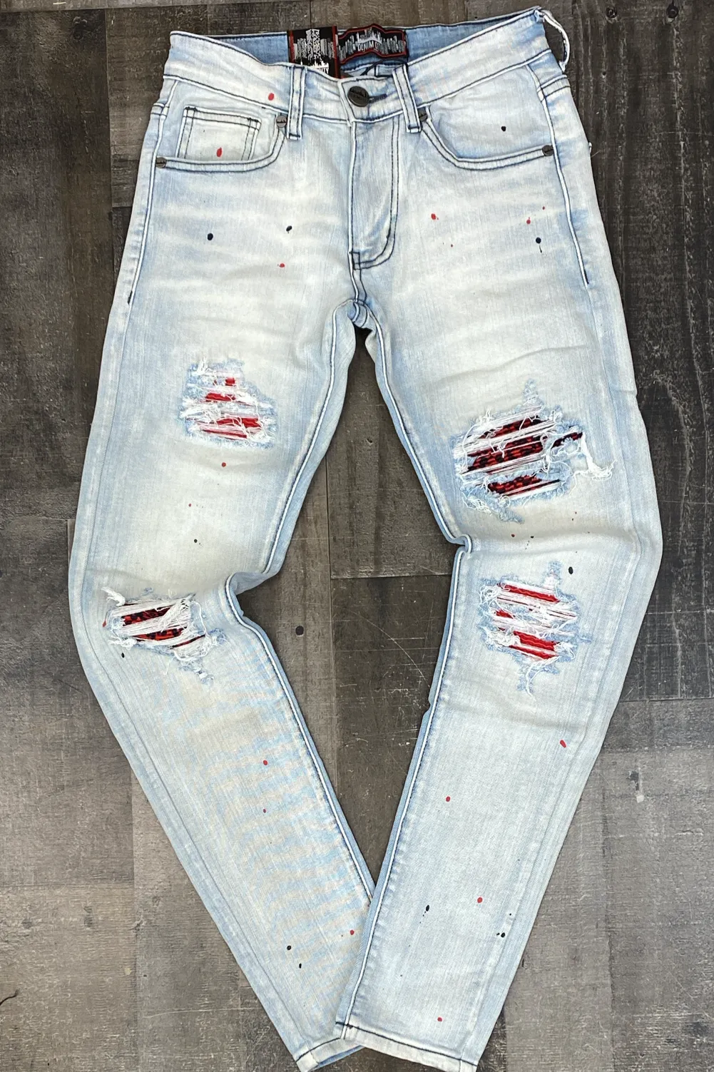 DENIMiCITY- lt. blue denim with red zebra/leather backing