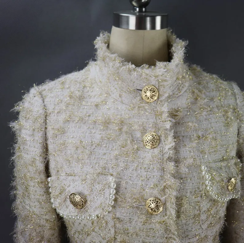 Designer Inspired Gold Buttons Pockets WOOL Tweed Jacket Only for Women