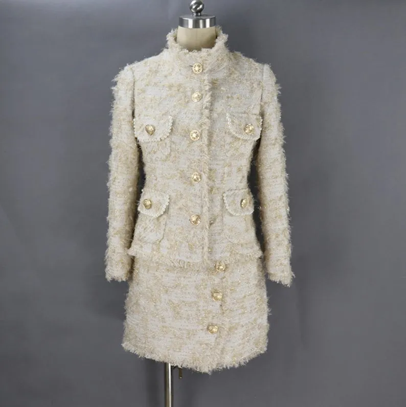 Designer Inspired Gold Buttons Pockets WOOL Tweed Jacket Only for Women