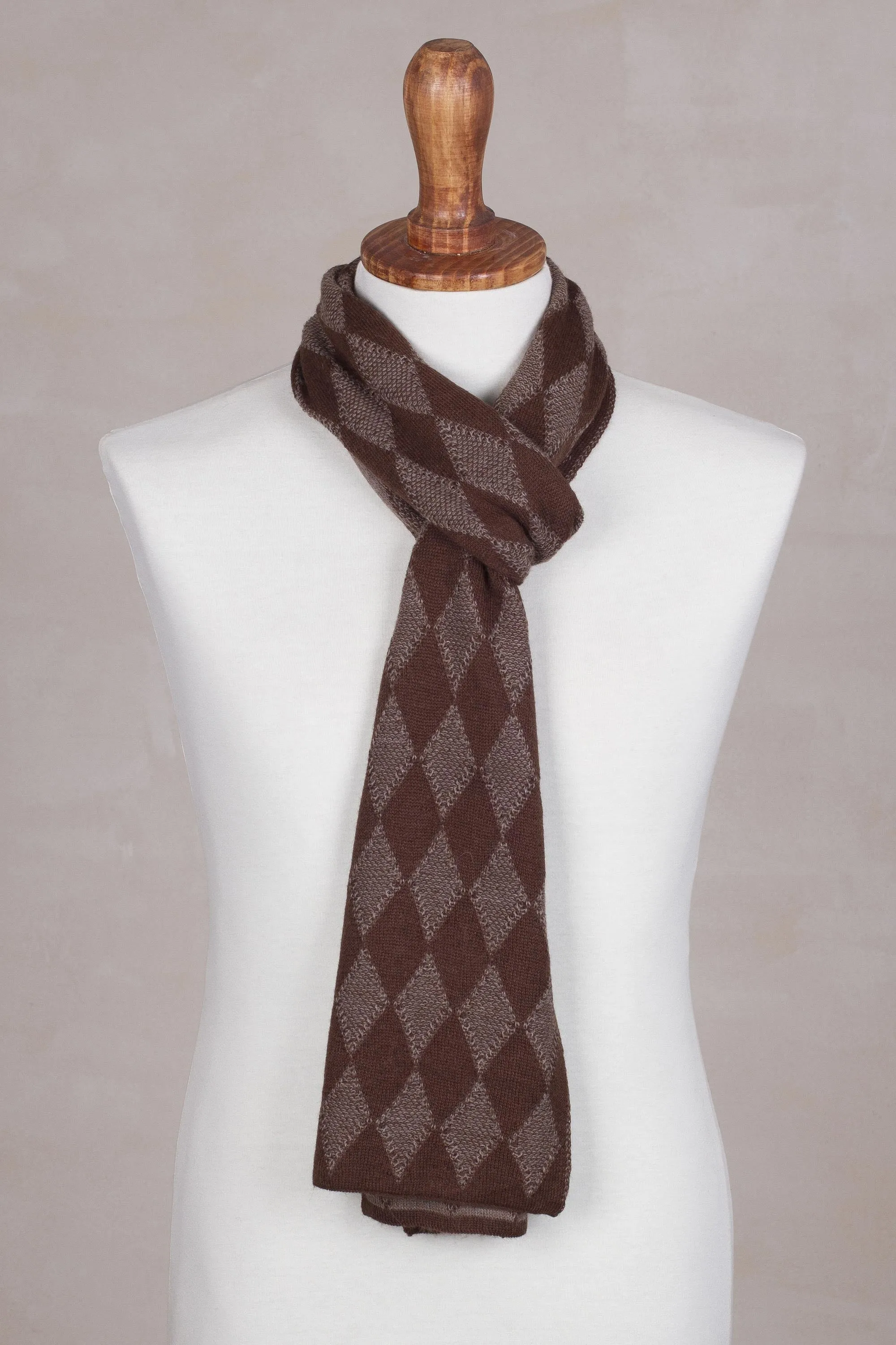 Diamond Brown Men's Knit Alpaca Blend Scarf with Brown Diamond Patterns