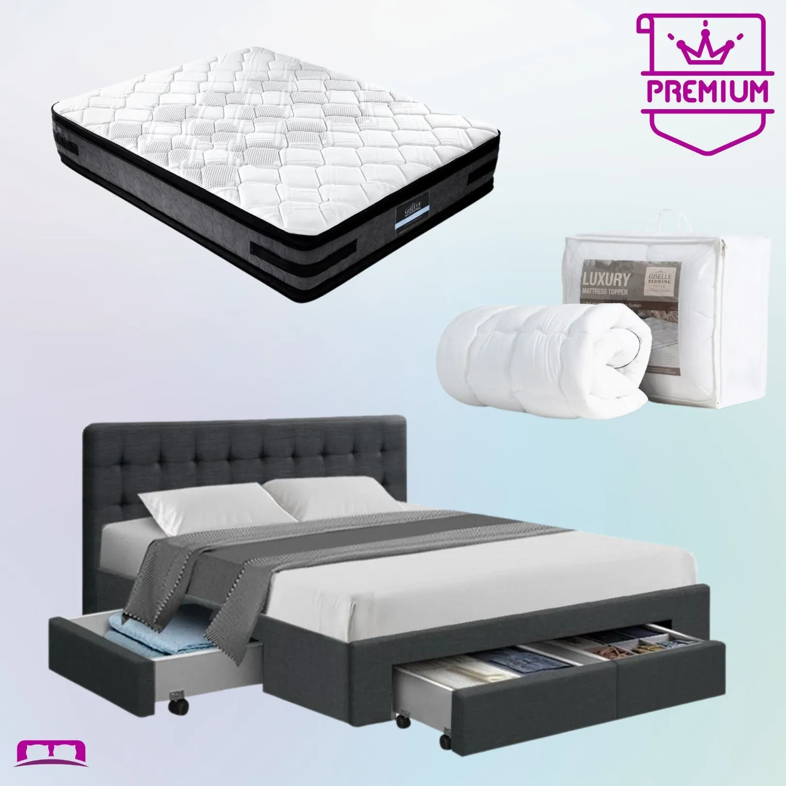 Double Premium Package | Trinity Bed Frame Charcoal, Luna Series Euro Top Mattress (Medium Firm) & Bamboo Mattress Topper!