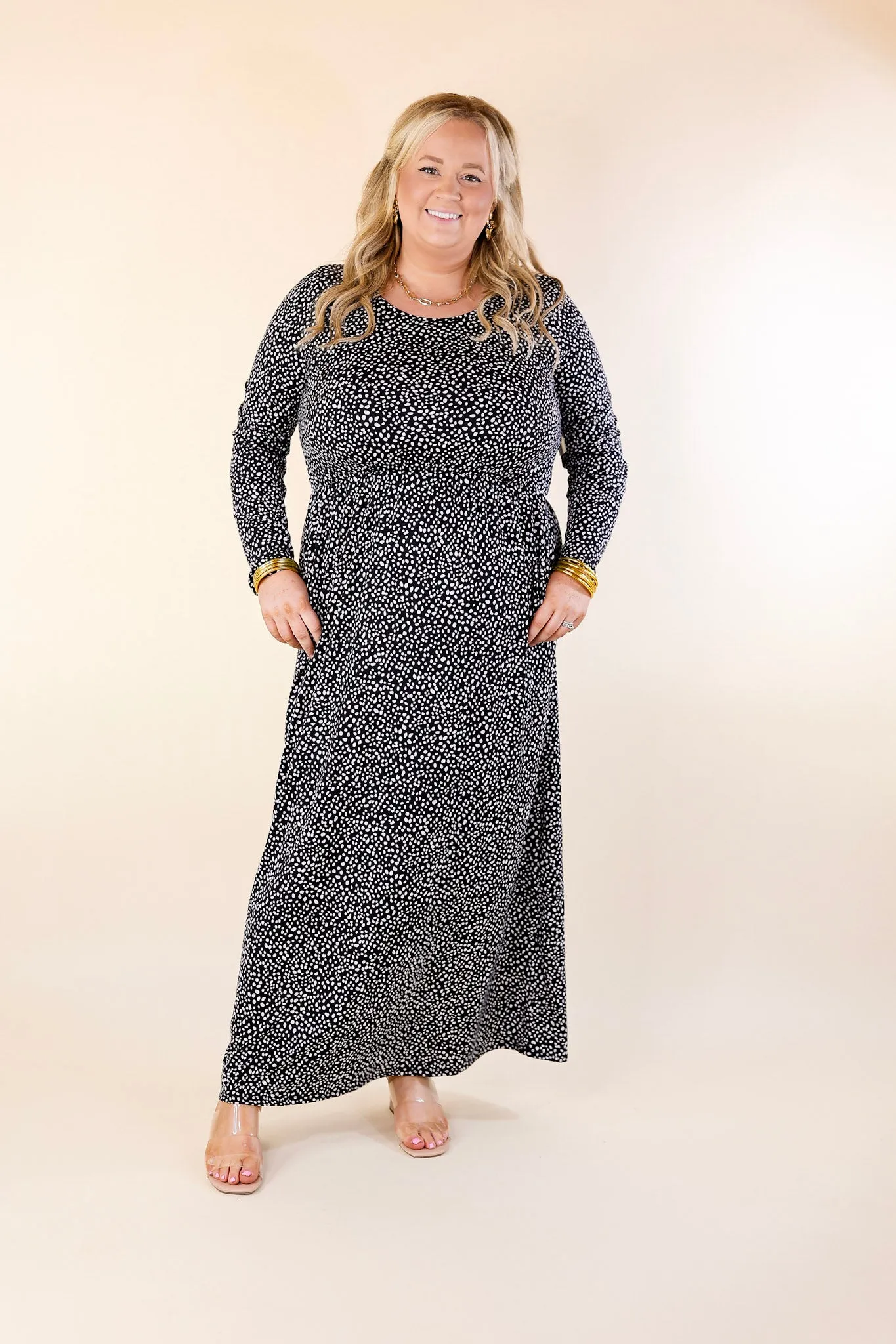 Downtown Spotlight Long Sleeve Dotted Babydoll Maxi Dress in Black