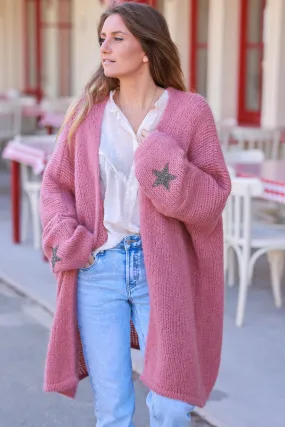 Gilet bois de rose mi long grosses mailles étoile strass manches