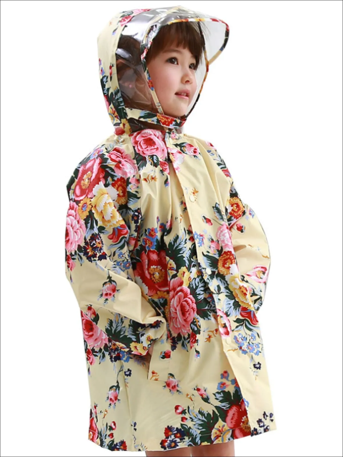 Girls Floral Print Hooded Transparent Raincoat