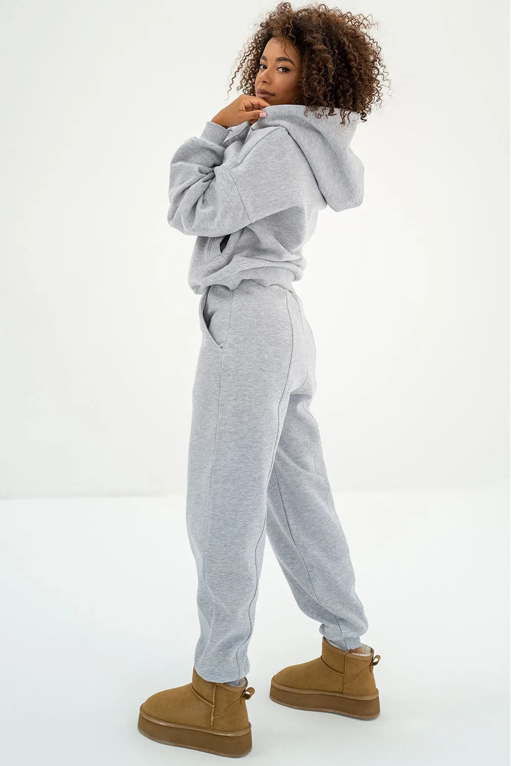 Gray Solid Exposed Seams Hoodie and Jogger Set