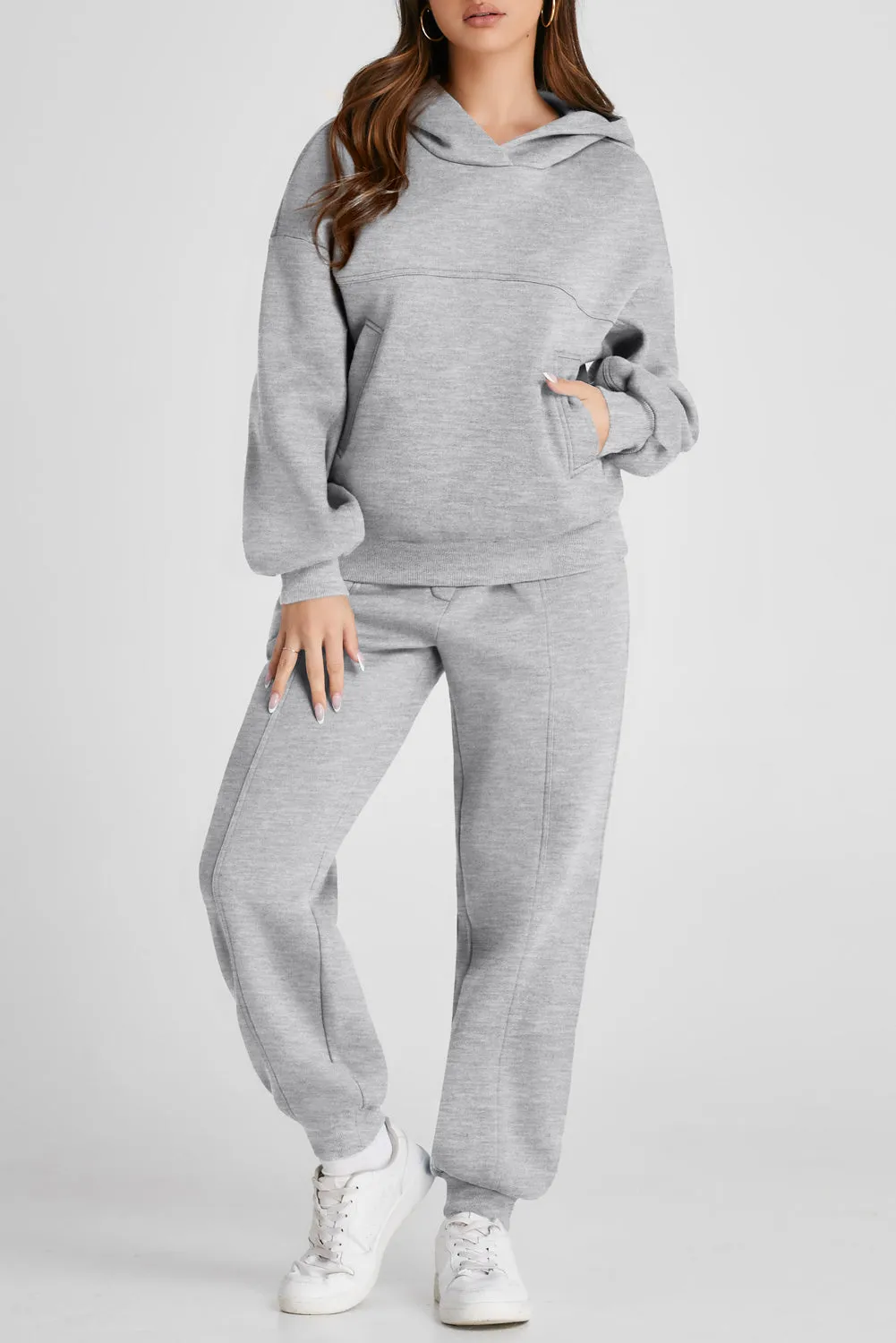 Gray Solid Exposed Seams Hoodie and Jogger Set