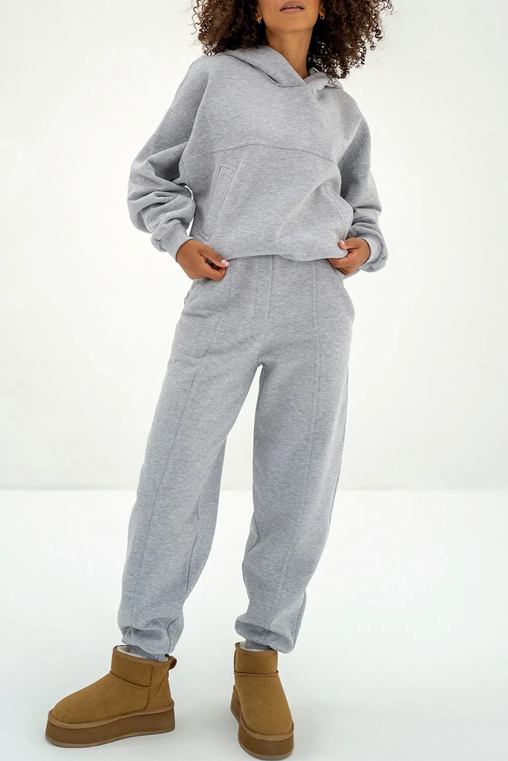 Gray Solid Exposed Seams Hoodie and Jogger Set