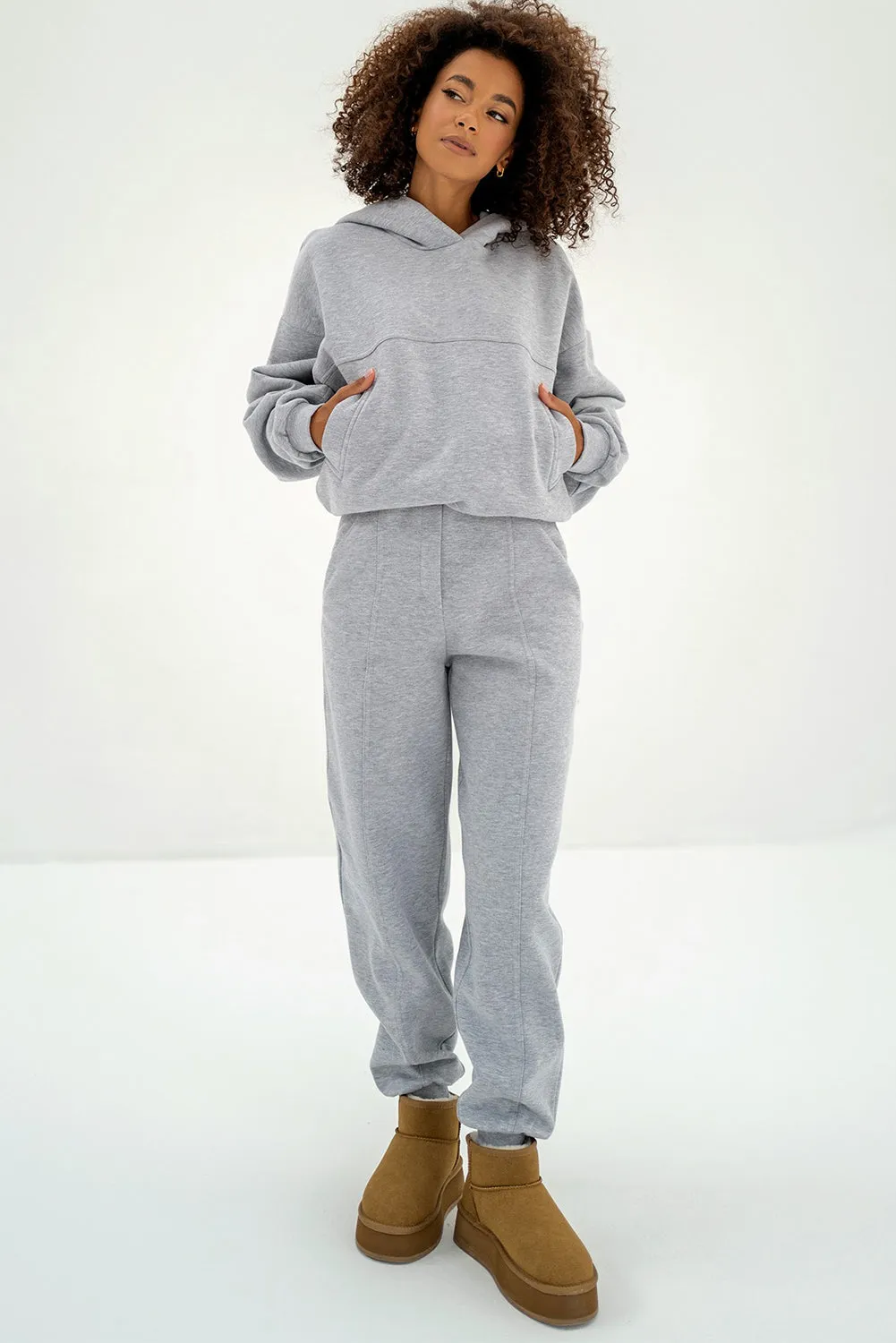 Gray Solid Exposed Seams Hoodie and Jogger Set