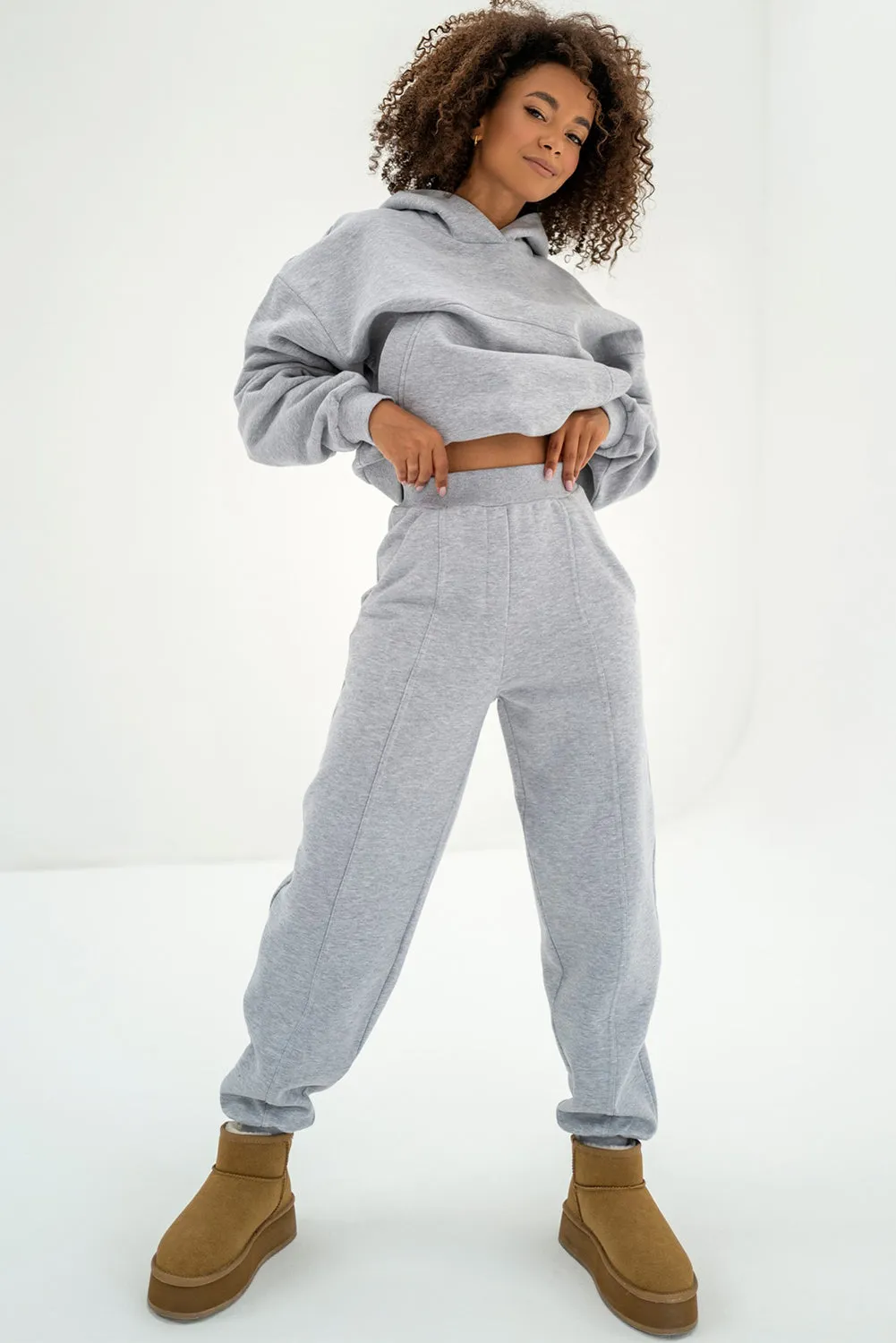 Gray Solid Exposed Seams Hoodie and Jogger Set