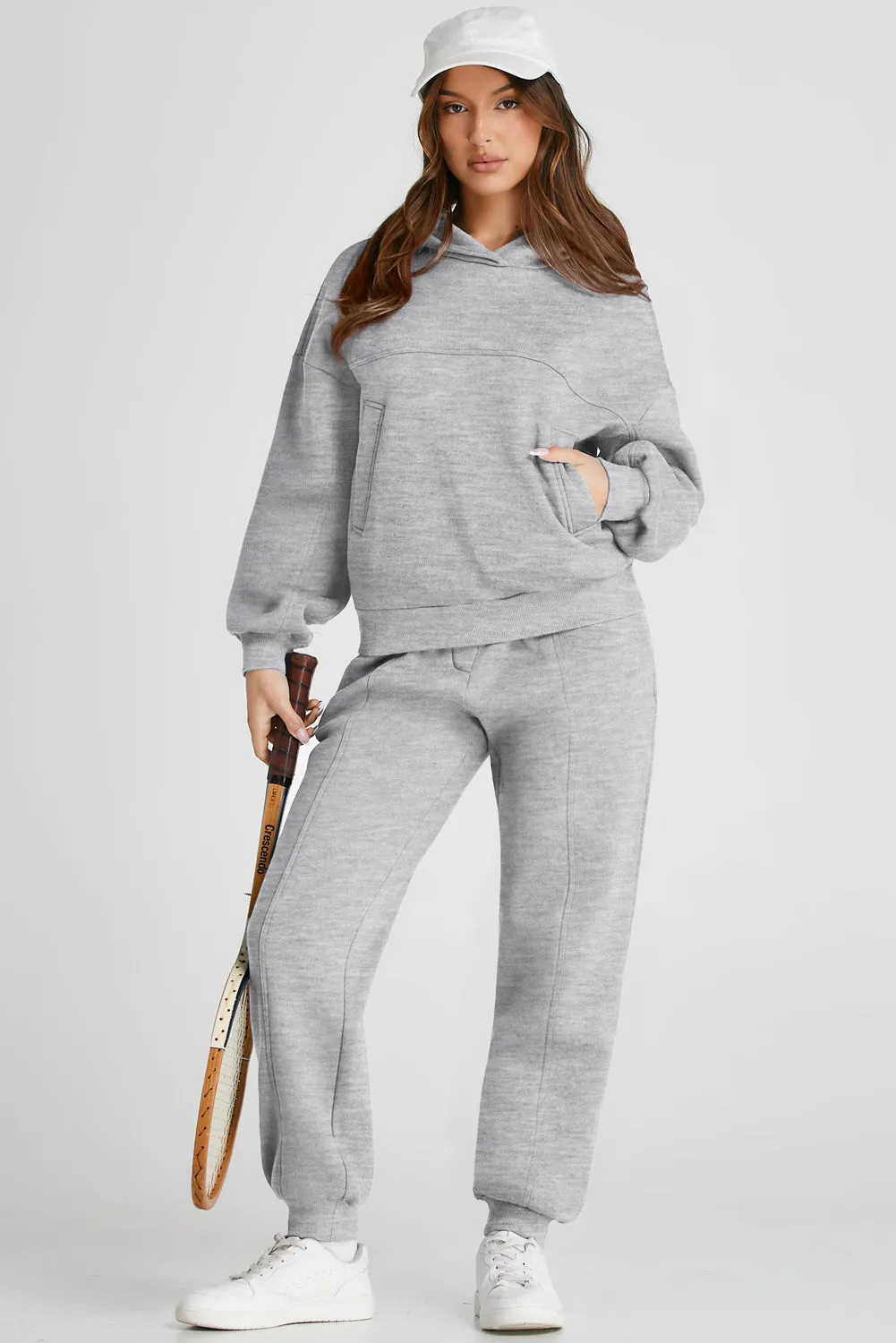 Gray Solid Exposed Seams Hoodie and Jogger Set