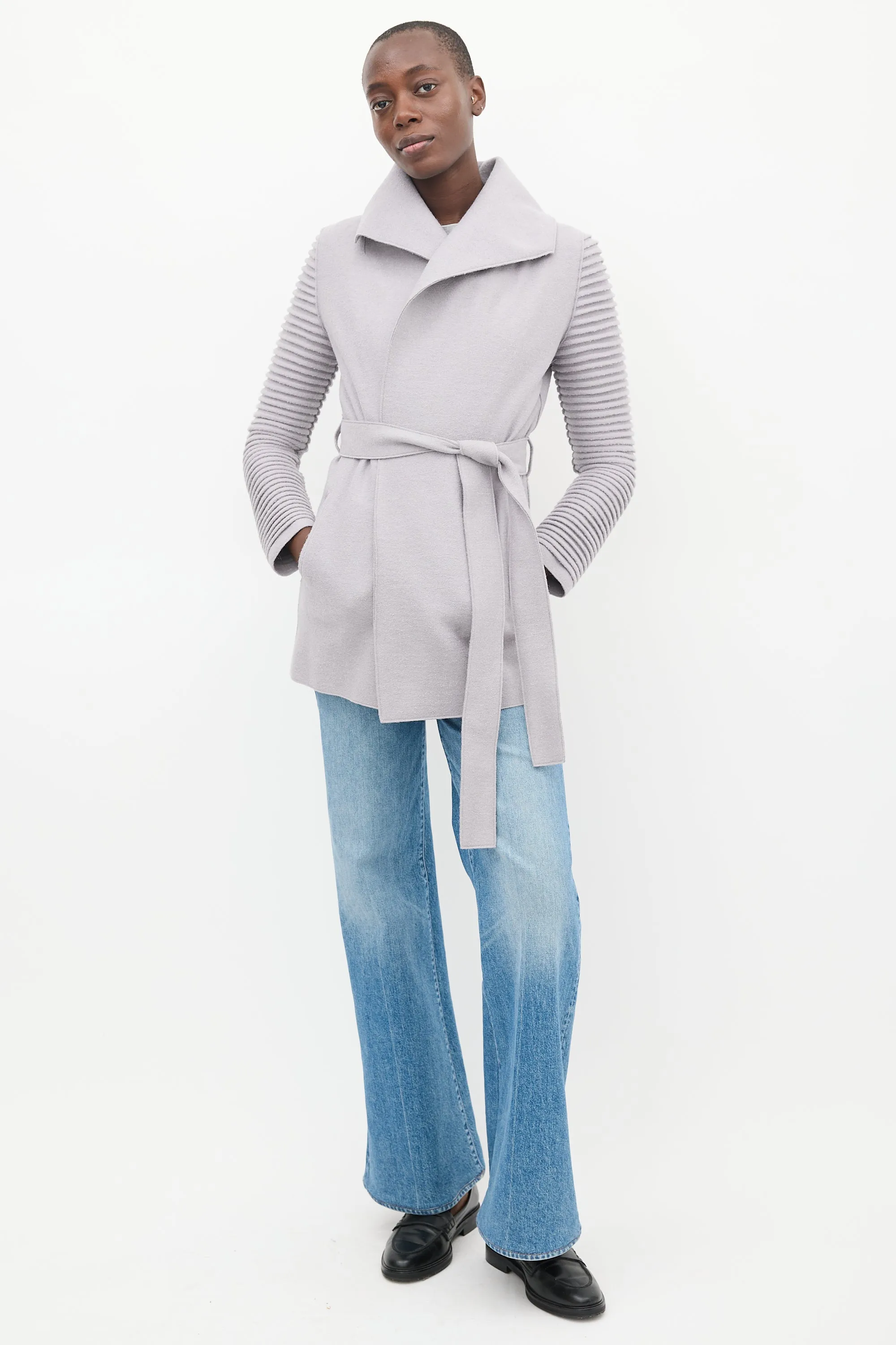 Grey Wool Mid Length Wrap Coat