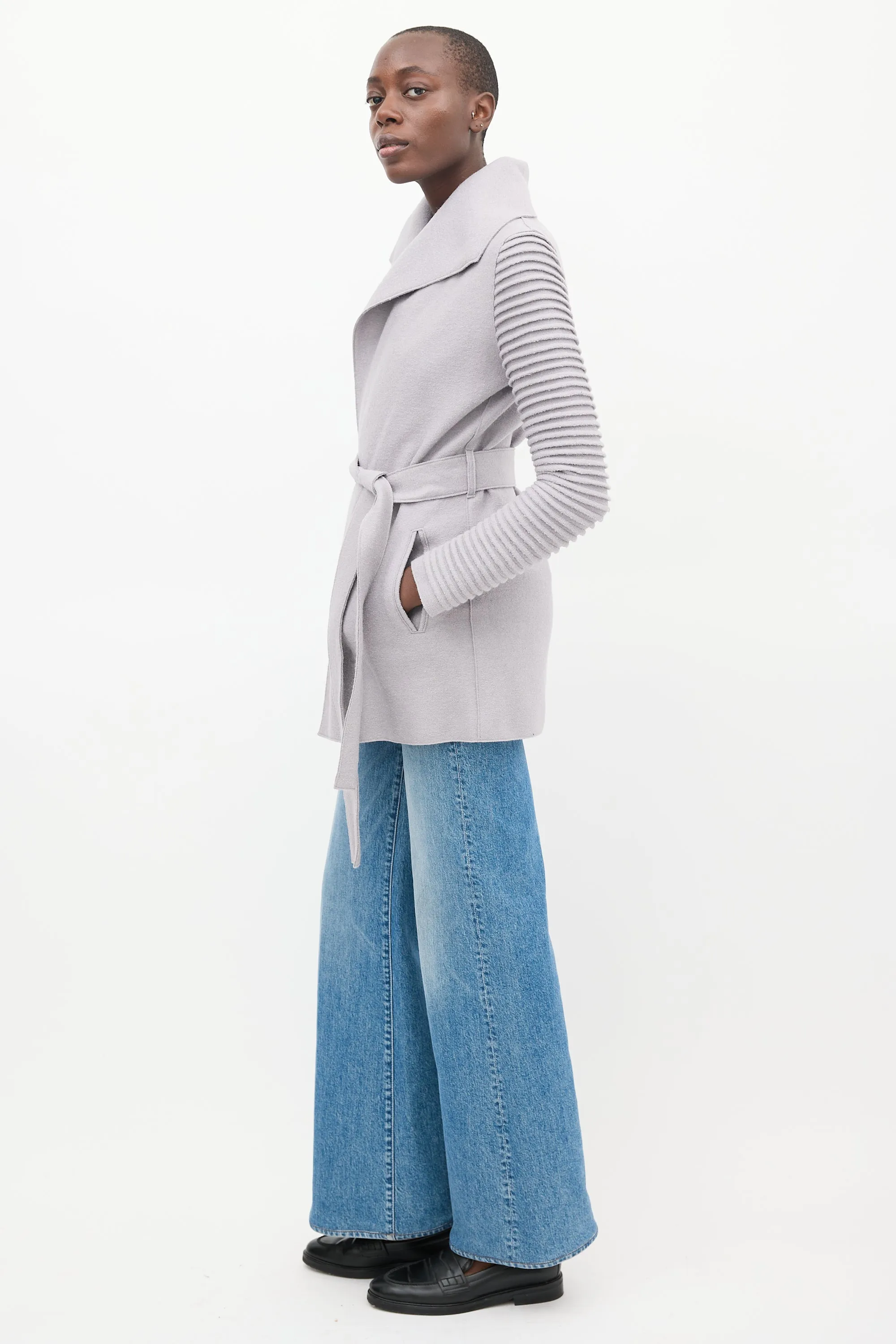 Grey Wool Mid Length Wrap Coat