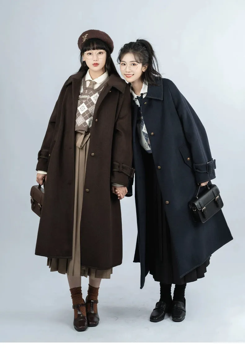 Hanfu Inspired Autumn and Winter Thickened Warm Double-Sided Tweed Coat, College 学院