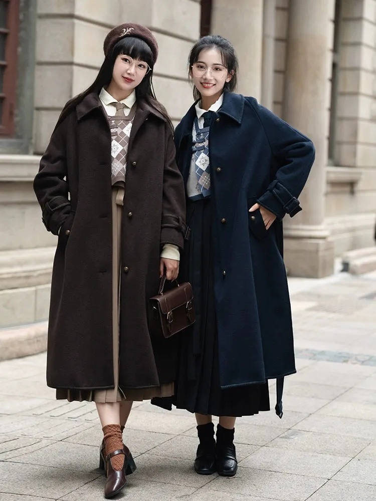 Hanfu Inspired Autumn and Winter Thickened Warm Double-Sided Tweed Coat, College 学院