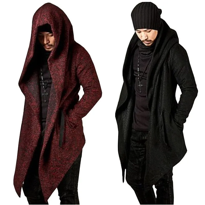 Jinquedai Steampunk Men Gothic Male Hooded Irregular Red Black Trench Vintage Mens Outerwear Cloak Fashion trench coat men