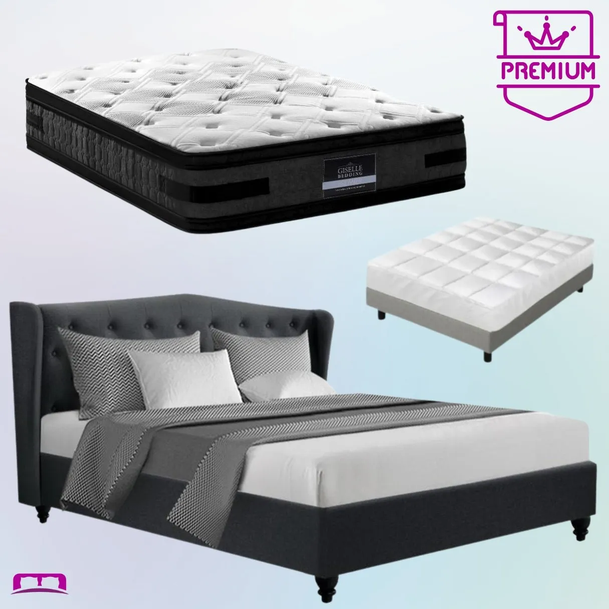 King Premium Package | Altona Bed Charcoal, Luna Series Euro Top Mattress (Medium Firm) & Bamboo Mattress Topper!