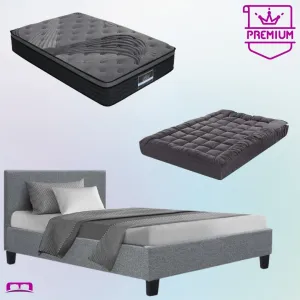 King Single Premium Package | Coogee Bed Frame Grey, Alanya Euro Top Pocket Spring Mattress (Medium Firm) & Pillowtop Mattress Topper