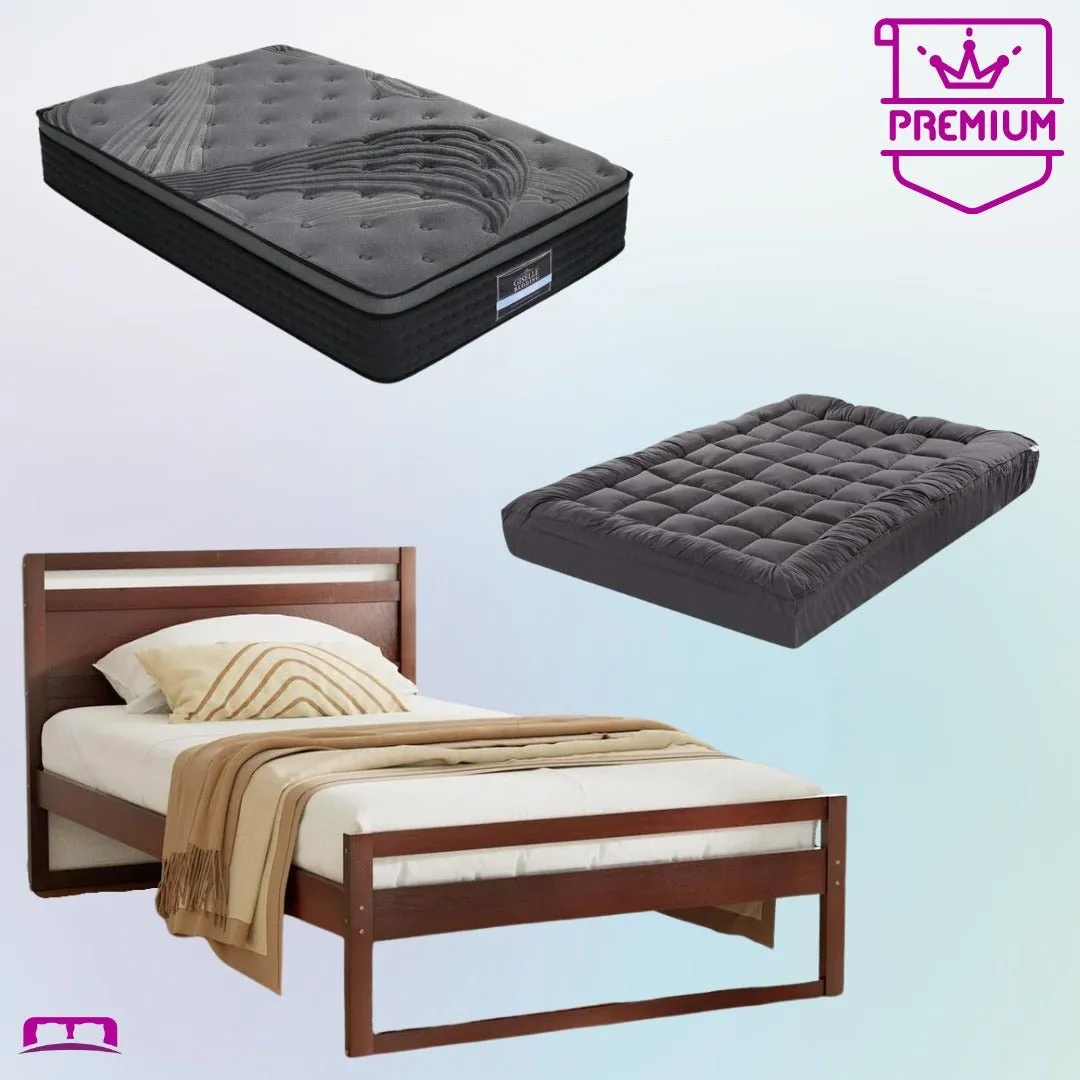 King Single Premium Package | Witton Wooden Bed Frame Walnut, Alanya Euro Top Pocket Spring Mattress (Medium Firm) & Pillowtop Mattress Topper