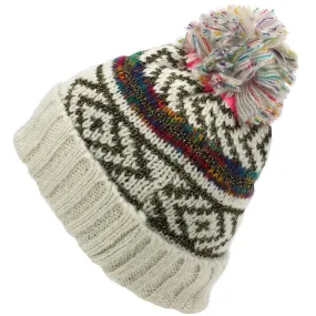 Knitted Metallic Beanie Hat with Multicoloured Bobble - Cream