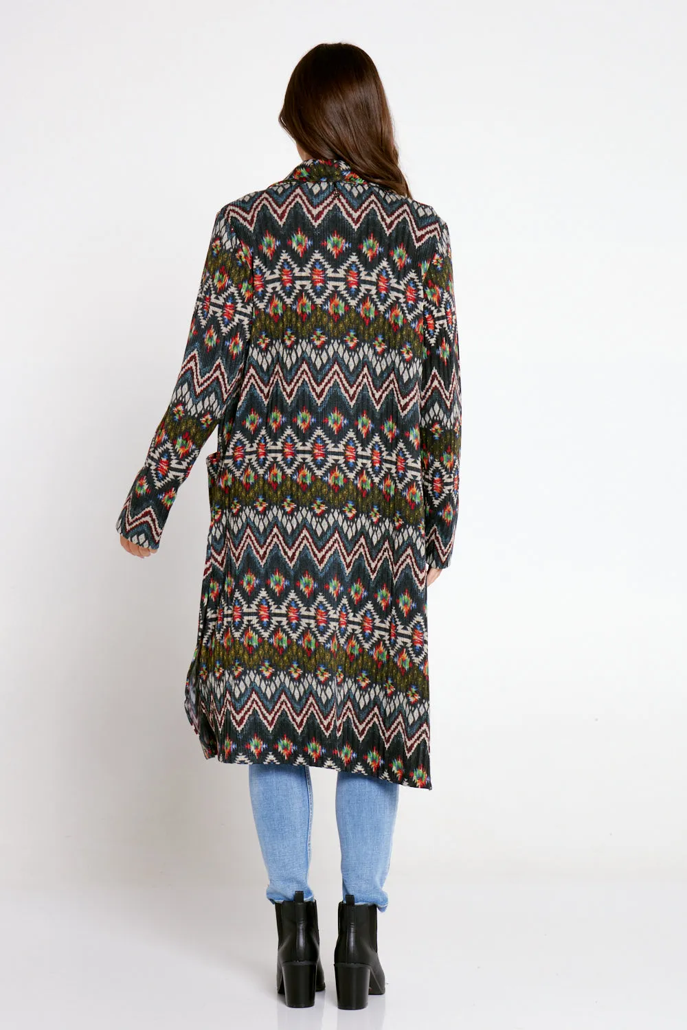 Lara Fleece Trench Coat - Navy Aztec