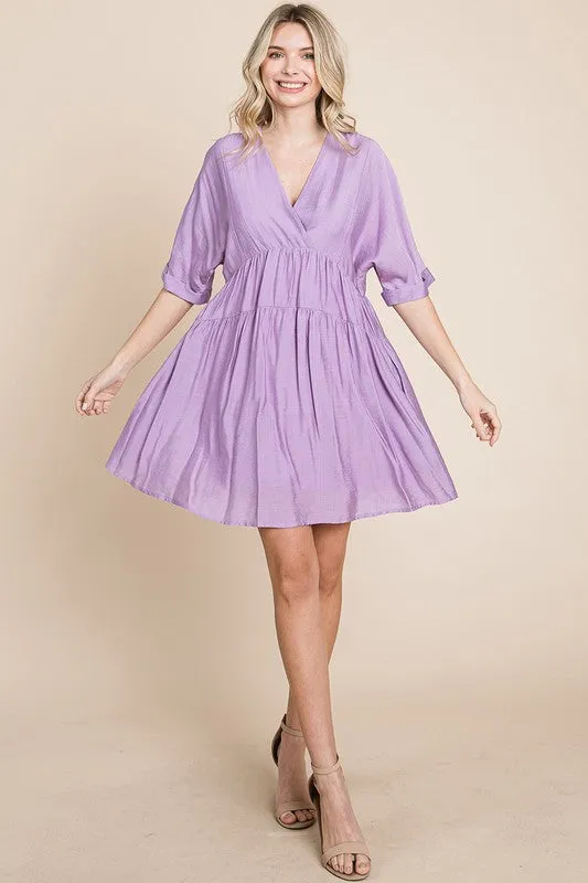 Lavender Tiered Dolman Sleeve V neck Babydoll Dress