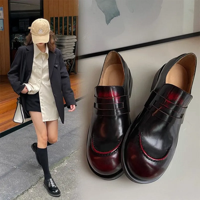 Leather Penny Loafers for Women Round Toe in Win Red/Black