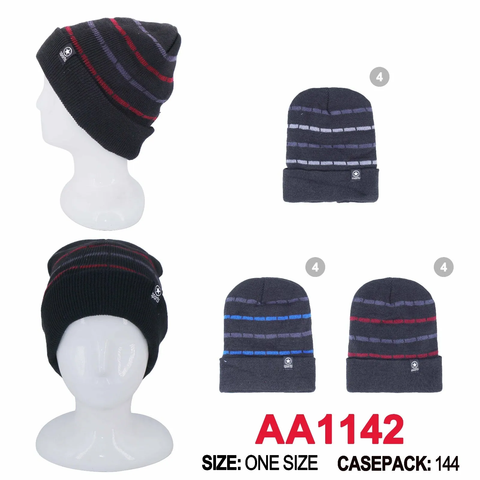 Long Cuffed Beanie Knit Skully Stripe Star Sport Winter Hats AA1142