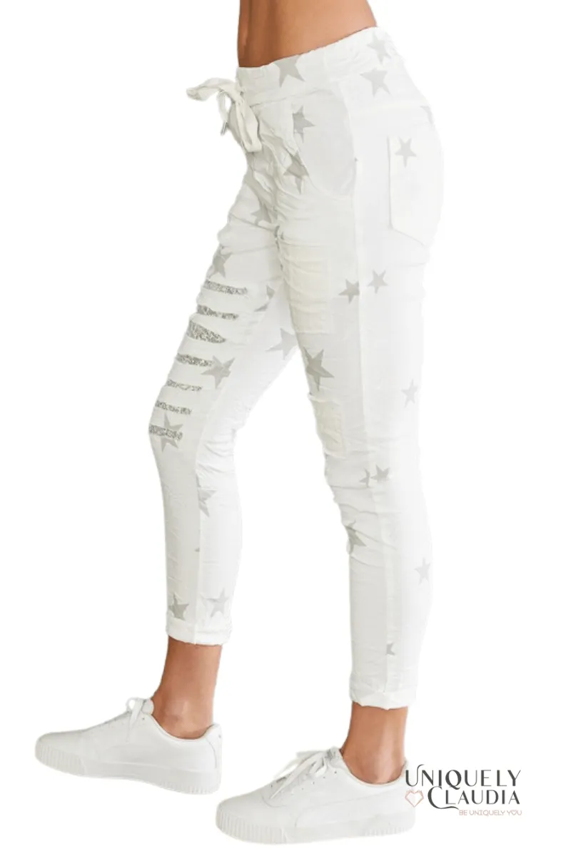 Luce Stellare Embellished Crinkle White Joggers