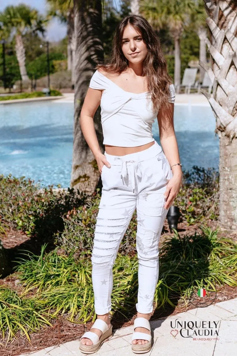 Luce Stellare Embellished Crinkle White Joggers