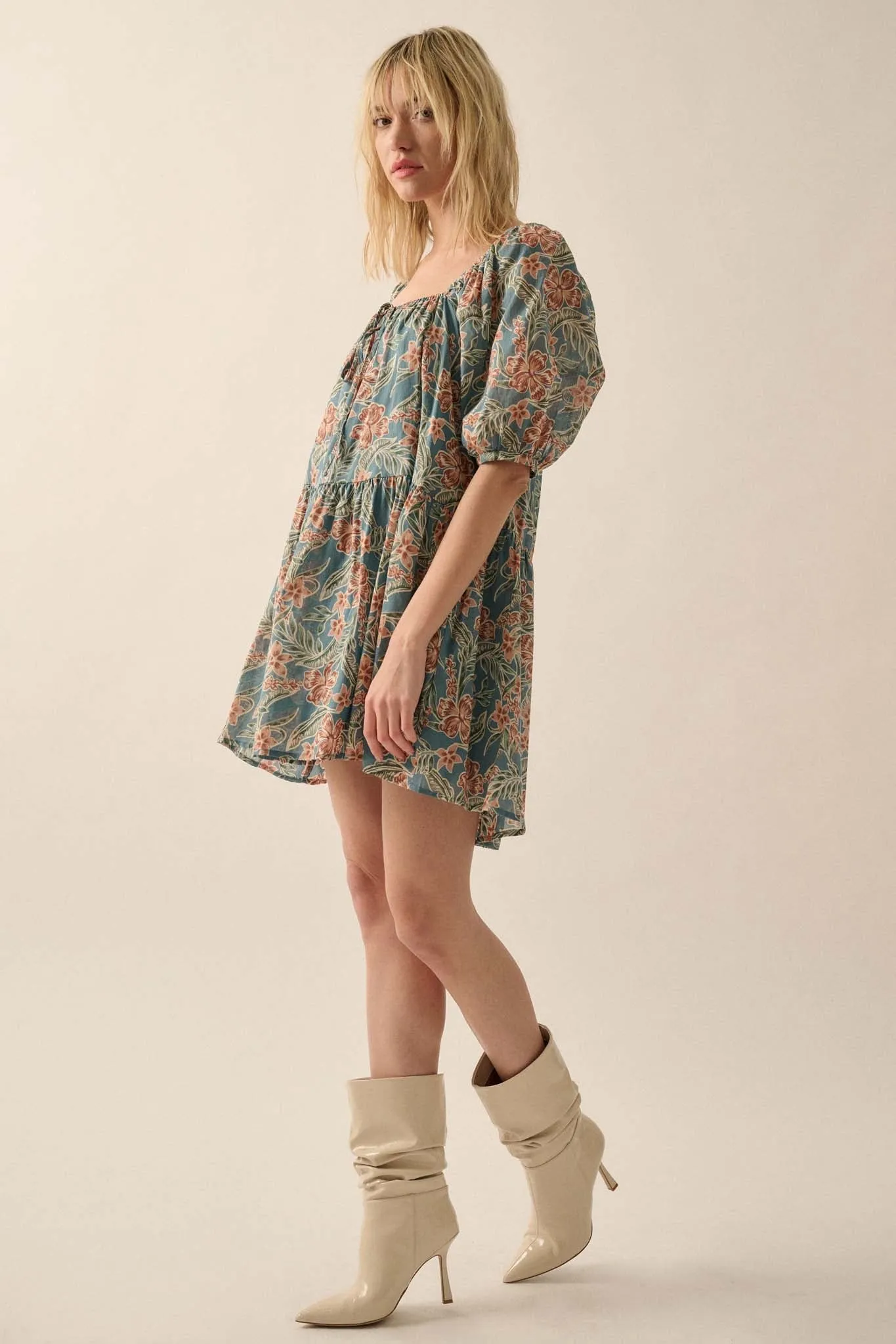 Lush Leaves Floral Puff-Sleeve Babydoll Mini Dress