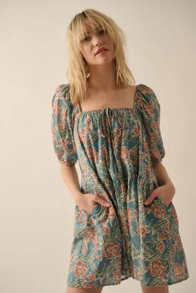 Lush Leaves Floral Puff-Sleeve Babydoll Mini Dress