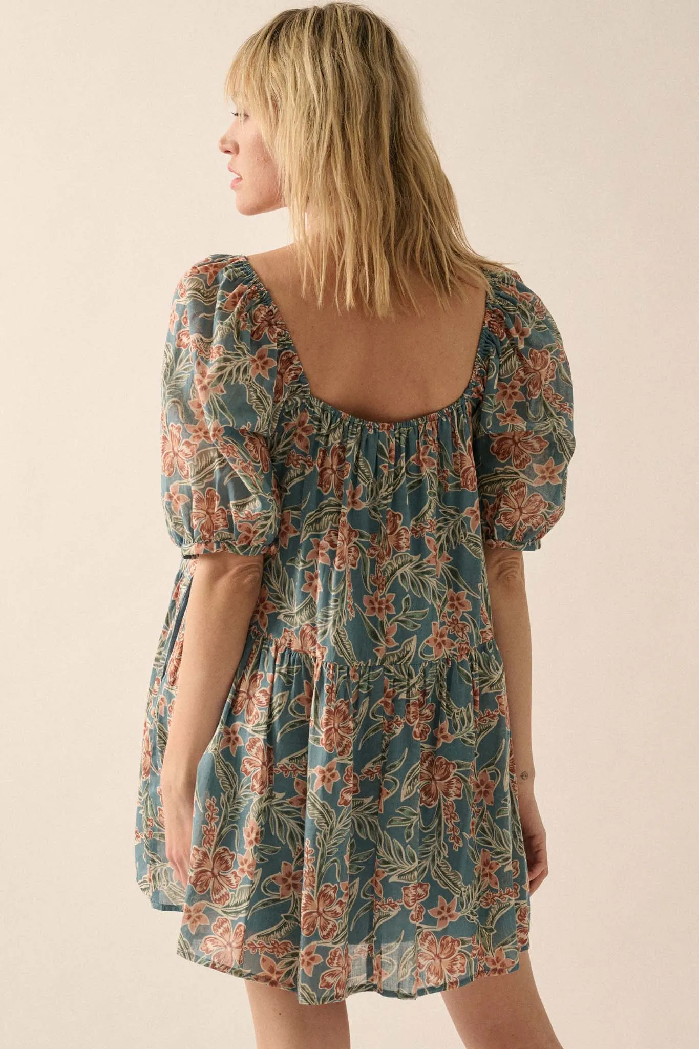 Lush Leaves Floral Puff-Sleeve Babydoll Mini Dress