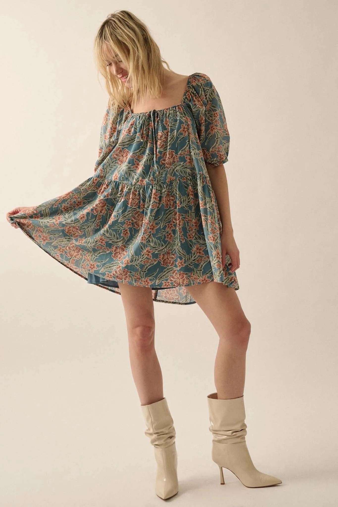 Lush Leaves Floral Puff-Sleeve Babydoll Mini Dress