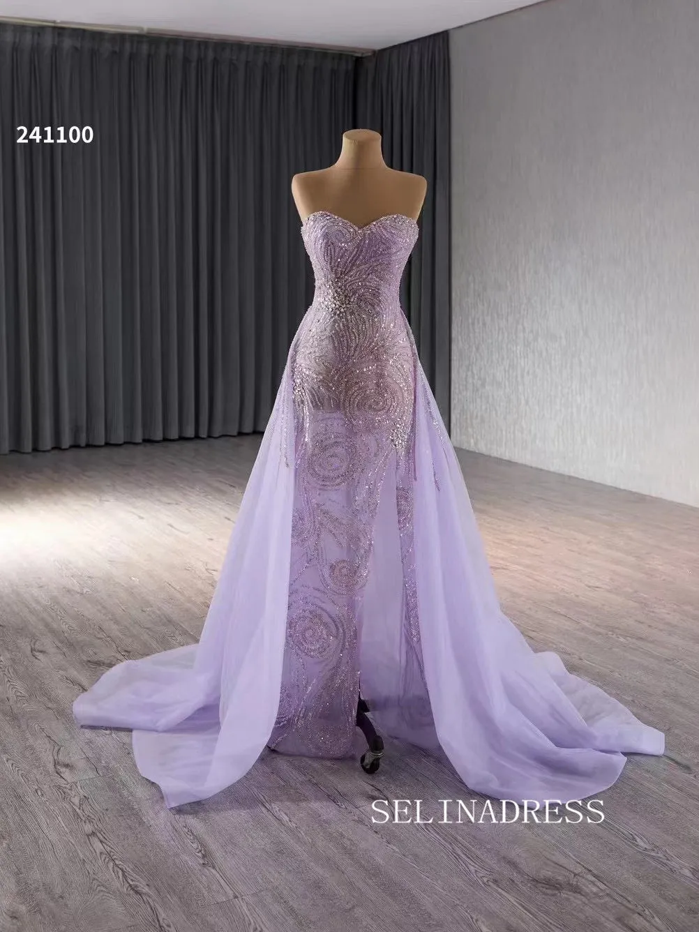 Luxury Lilac Mermaid Long Formal Dresses Sweetheart Evening Dress With Removable Sleeves 241100