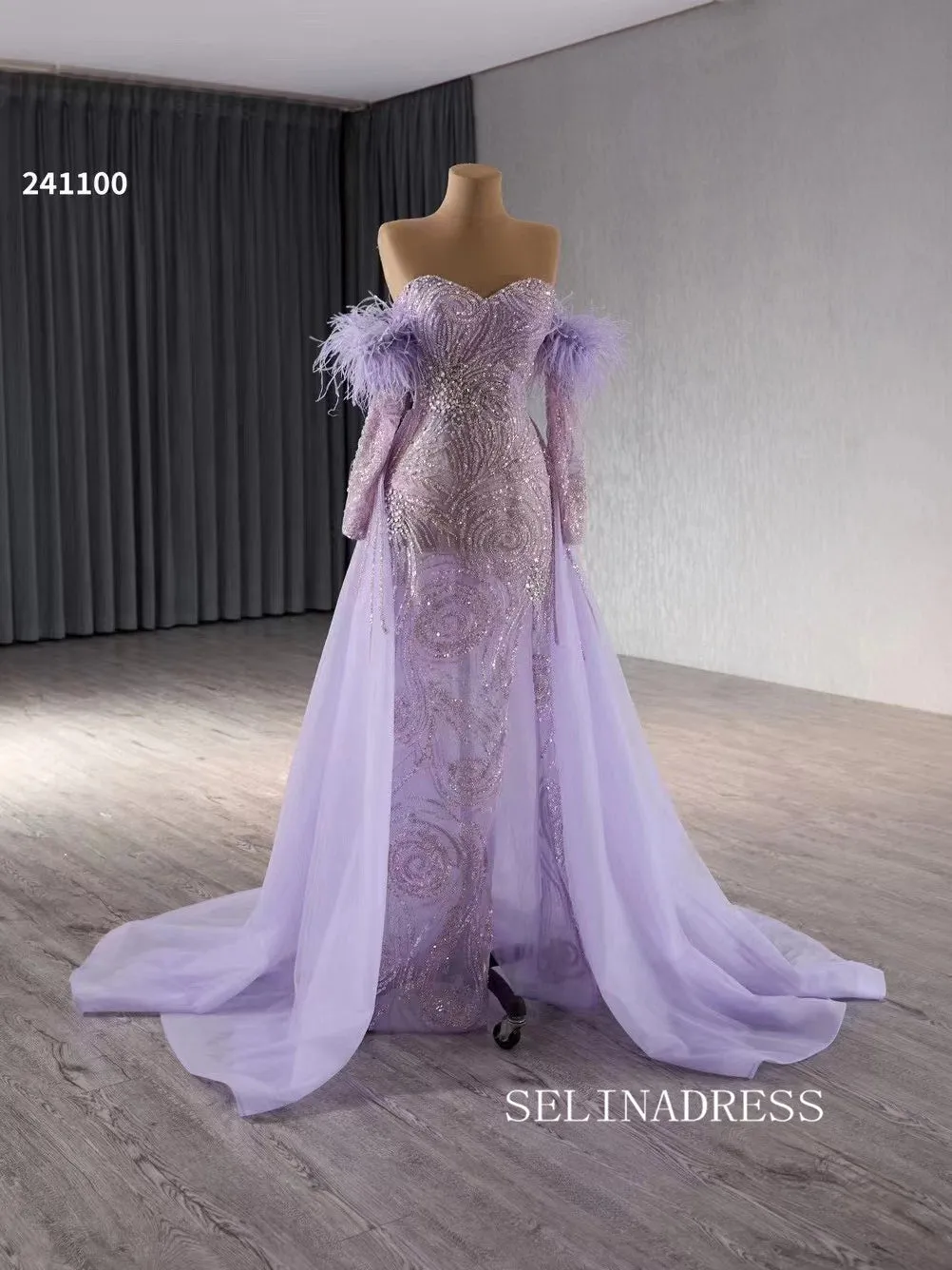 Luxury Lilac Mermaid Long Formal Dresses Sweetheart Evening Dress With Removable Sleeves 241100