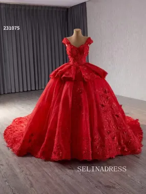 Luxury Red Straps Lace Appliques Ball Gowns Long Formal Dresses Evening Dress 231075