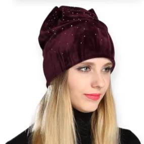 Maroon Velvet Studded Thick Winter Beanies