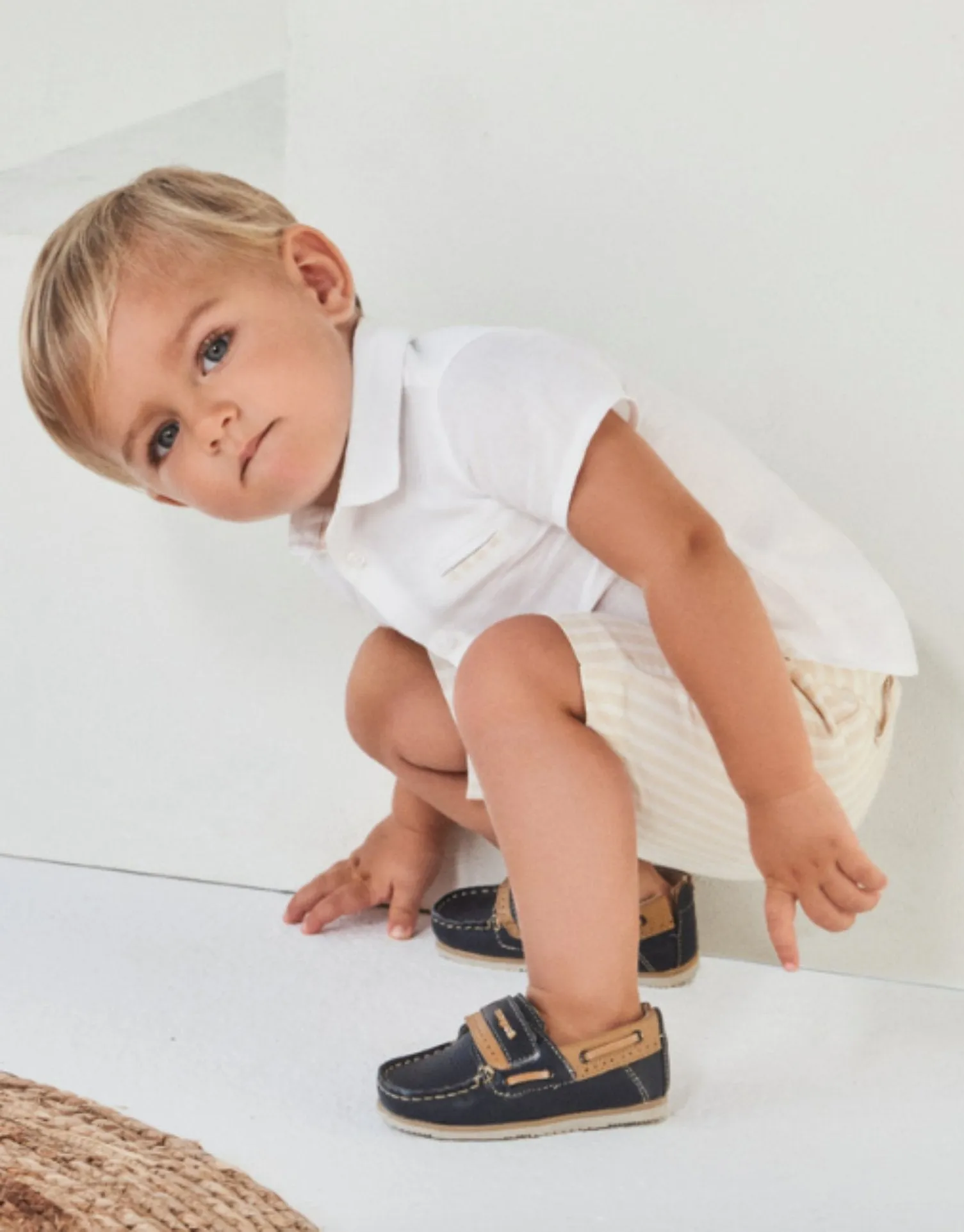 Mayoral Baby Boys White S/S Button Up Shirt & Beige Striped Shorts Set